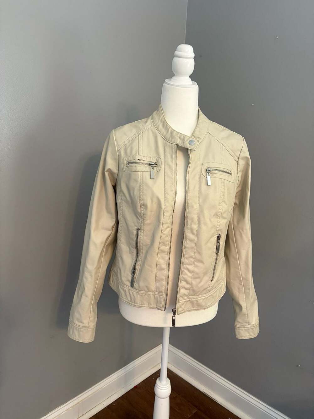 JouJou Women's Beige Faux Leather Moto Jacket